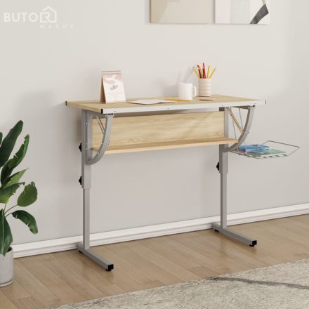 vidaXL sonoma-szürke szerelt fa és acél íróasztal 110x53x(58-87) cm