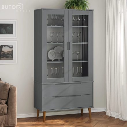 vidaXL MOLDE szürke tömör fenyőfa vitrin szekrény 90 x 35 x 175 cm