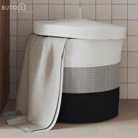 vidaXL fehér-fekete pamut tárolókosár fedéllel Ø40 x 35 cm
