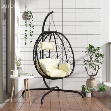vidaXL krémfehér polyrattan és acél lógó tojásszék párnával