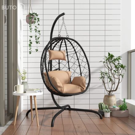 vidaXL tópszínű polyrattan és acél lógó tojásszék párnával