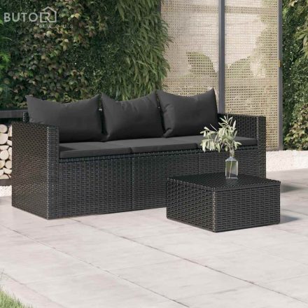 vidaXL fekete 3 személyes polyrattan kerti kanapé párnákkal