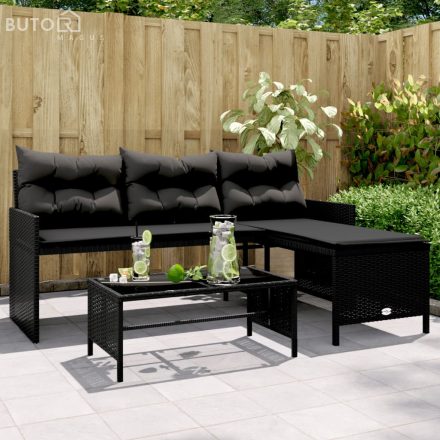 vidaXL L-alakú fekete polyrattan kerti kanapé asztallal és párnával