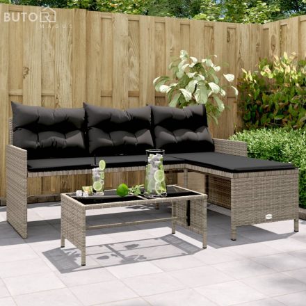 vidaXL L-alakú szürke polyrattan kerti kanapé asztallal és párnákkal