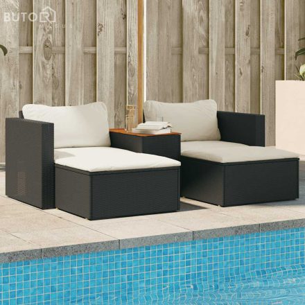 vidaXL 5 részes fekete polyrattan akácfa kerti kanapészett párnákkal