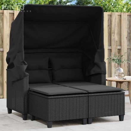 vidaXL 2 személyes fekete polyrattan kerti kanapé baldachinnal/székkel