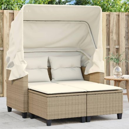 vidaXL 2 személyes bézs polyrattan kerti kanapé baldachinnal/székkel