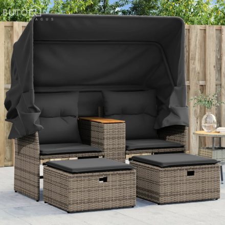 vidaXL 2 személyes szürke polyrattan kerti kanapé baldachinnal/székkel