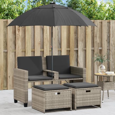vidaXL 2 személyes polyrattan kerti kanapé napernyővel/székkel