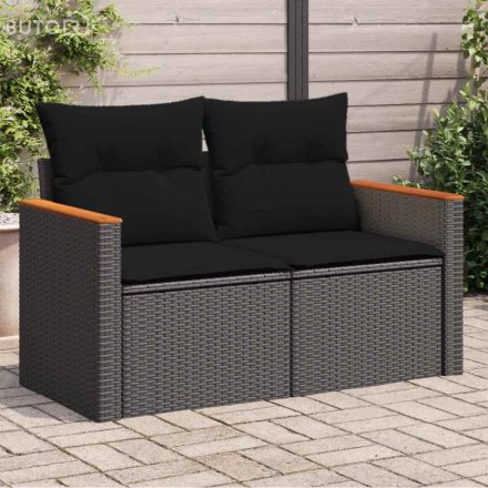 vidaXL 2 személyes fekete polyrattan kerti kanapé párnával
