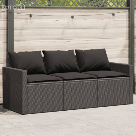 vidaXL fekete 3 személyes polyrattan kerti kanapé párnákkal