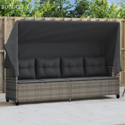 vidaXL szürke polyrattan napozóágy tetővel és párnával