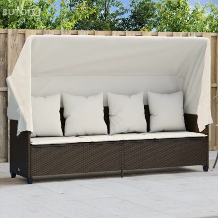 vidaXL barna polyrattan napozóágy tetővel és párnával