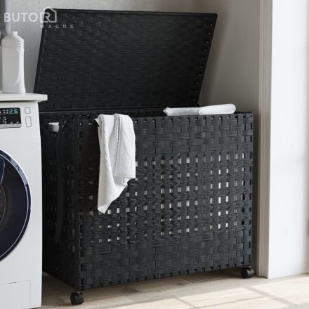 vidaXL fekete rattan szennyeskosár kerekekkel 66x35x60 cm