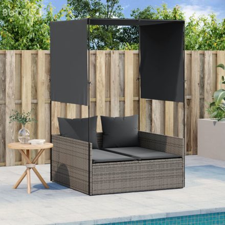 vidaXL szürke polyrattan dupla napozóágy tetővel és függönyökkel