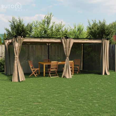 vidaXL tópszínű acél pavilon függönyökkel 6 x 3 m