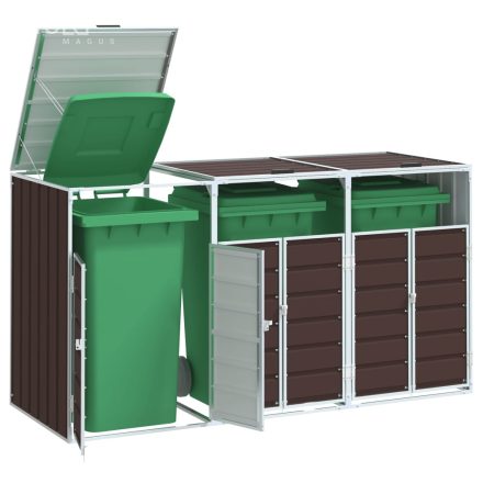 vidaXL barna acél kerekes tároló 3 szemeteskukához 216 x 81 x 115 cm