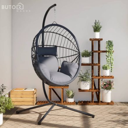 vidaXL szürke rattan és acél függő kagylószék állvánnyal