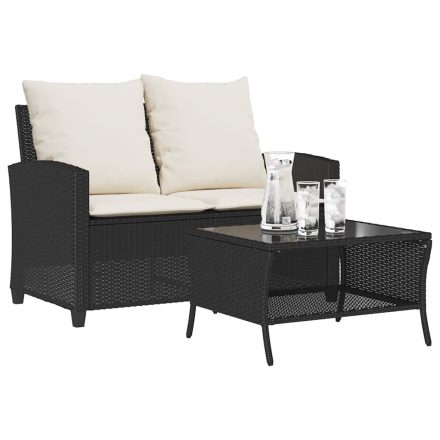 vidaXL 2 személyes fekete polyrattan kerti kanapé asztallal&párnával