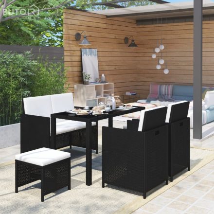 vidaXL 6-részes fekete polyrattan kültéri étkezőszett párnákkal
