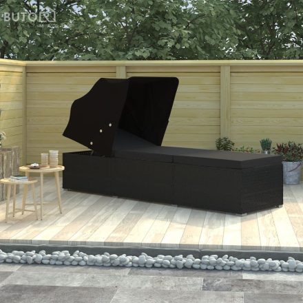 vidaXL fekete polyrattan napozóágy ponyvával és párnával