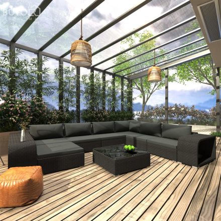 vidaXL 10-részes fekete polyrattan kerti bútorszett párnákkal