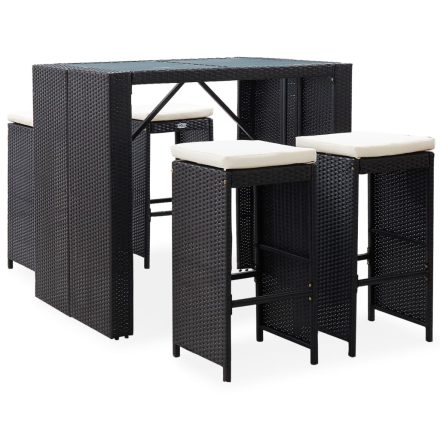vidaXL 5 részes fekete polyrattan és üveg kültéri bárgarnitúra