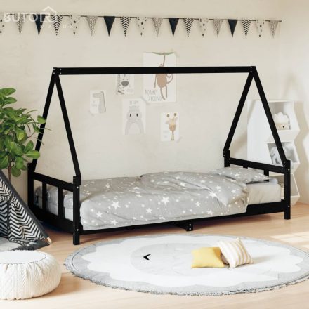 vidaXL fekete tömör fenyőfa gyerekágykeret 90 x 190 cm