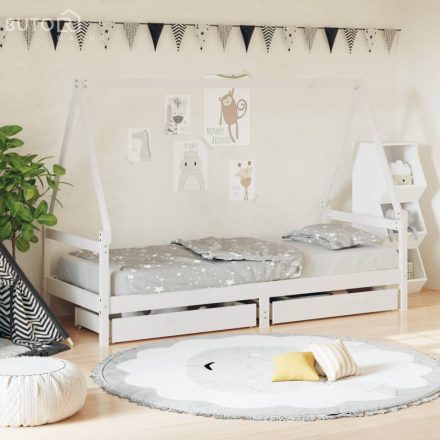 vidaXL fehér tömör fenyőfa gyerekágykeret fiókokkal 90 x 200 cm