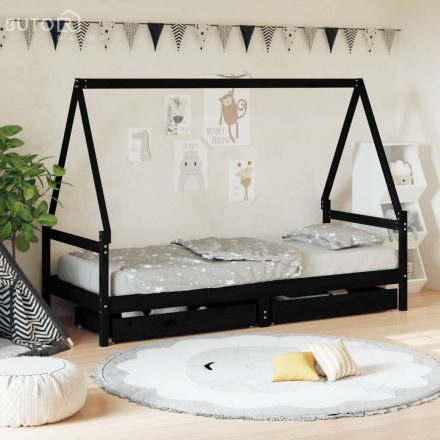 vidaXL fekete tömör fenyőfa gyerekágy keret fiókkal 90x190 cm
