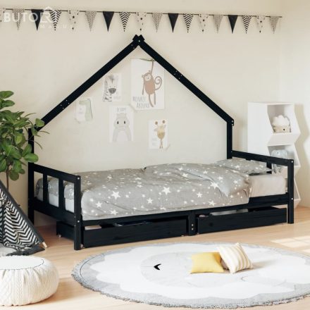 vidaXL fekete tömör fenyőfa gyerekágykeret fiókokkal 90 x 200 cm