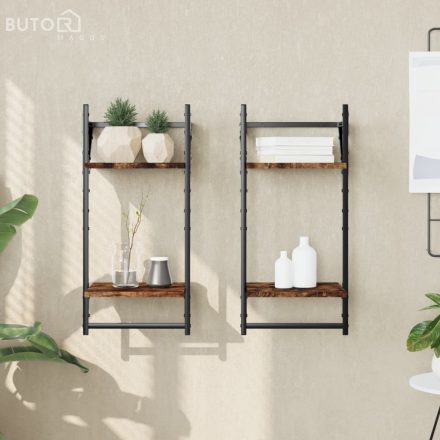 vidaXL 2 db 2 szintes füstös tölgy színű fali polc rúddal 30x25x65 cm