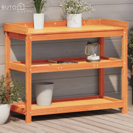 vidaXL barna tömör fenyőfa ültetőasztal polcokkal 108 x 45 x 86,5 cm