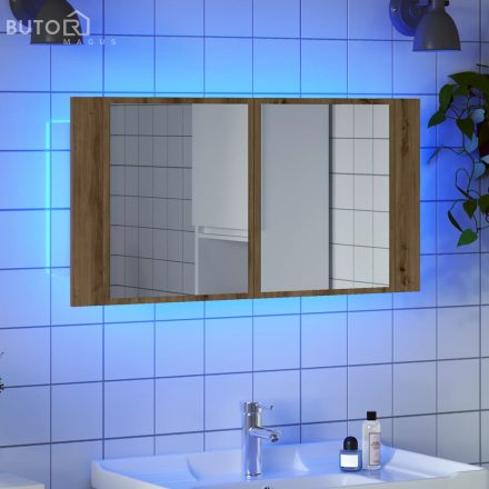 vidaXL kézműves tölgy szerelt fa tükrösszekrény LED-del 90x12x45 cm