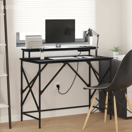 vidaXL Asztal LED -es lámpákkal tárolóval Musta tammi 100 x 50 x 86.5 cm Faanyag