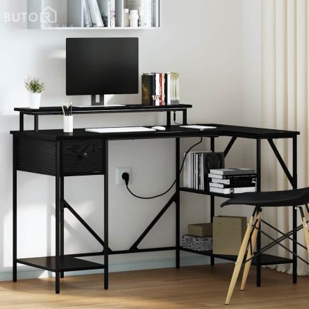 vidaXL Asztal LED -es lámpákkal fiókkal polcokkal tárolóval Musta tammi 120 x 79 x 86.5 cm Faanyag