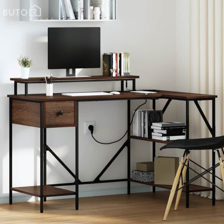 vidaXL Asztal LED -es lámpákkal fiókkal polcokkal tárolóval barna tölgy 120 x 79 x 86.5 cm Faanyag