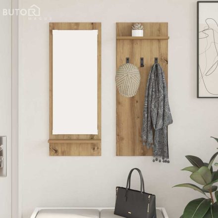 vidaXL Fali Kabáthorog tükörrel kézműves tölgy 70 x 10 x 90 cm Faanyag