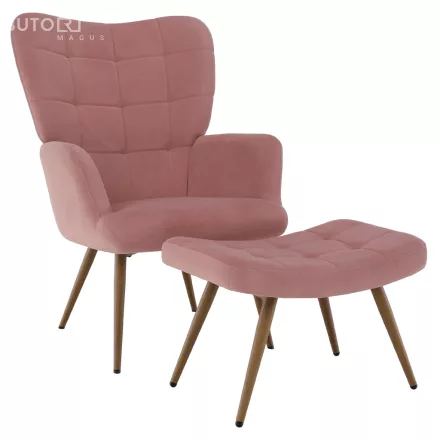 Fotel lábtartóval, rózsaszín Velvet szövet/tölgy, HABEN