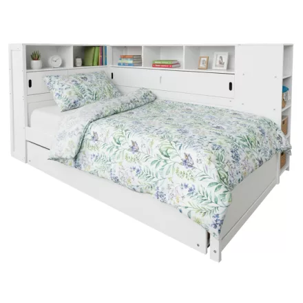 Ágy polcokkal és pótággyal, fehér, 90x200, LENDON